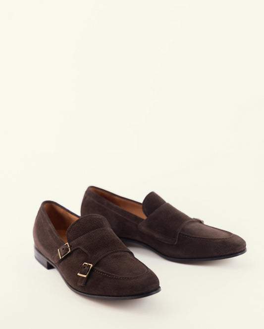 John Lajara dark chocolate espresso suede double monk strap, three-quarter front view on neutral background