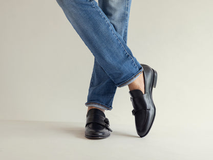 Black Leather Double Monk Strap